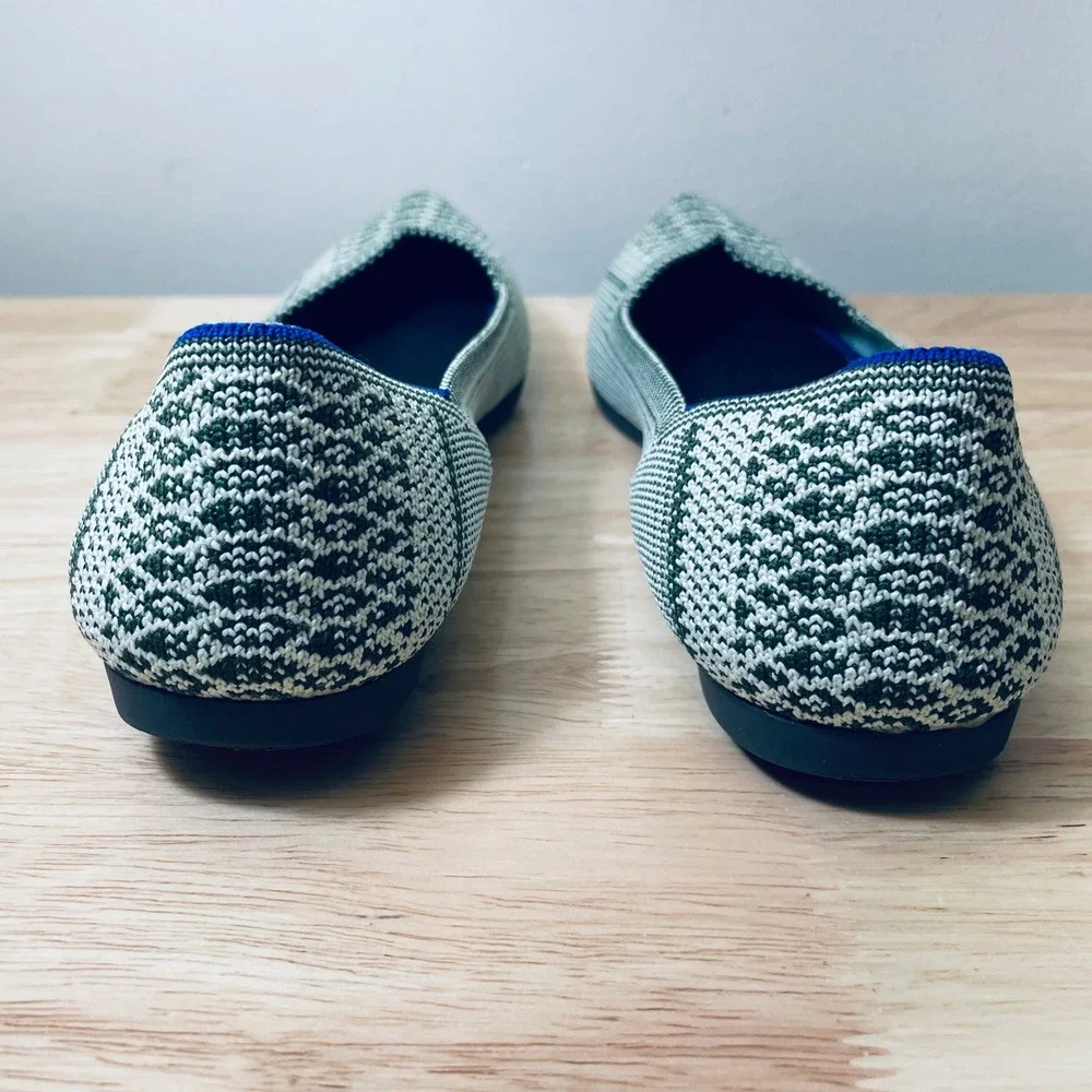 Rothy's The Point Olive Green White Geometric Knit Flats Shoes Women's 9